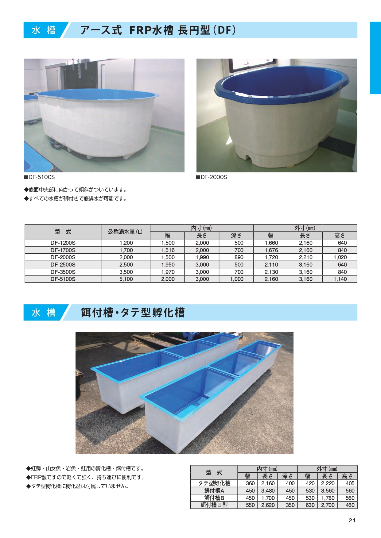 日本坂株式會社是一家生產陸式跑道水族箱的製造商。 ●圓形（橢圓形）設計有利於水流循環，並能有效利用空間。 ●搭配流水式系統使用時，水會從兩側溢出，從而有效排出容易積聚的殘餌和糞便。 ●我們也可以生產不同長度和高度的水族箱，以及沒有隔板的水族箱。 ●所有水族箱均附支架，方便底部排水。 ●可安裝及改裝虹吸式排水裝置、水流裝置等。